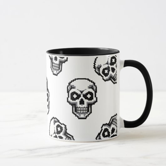 Simple Classic White Pixelated Skull Pattern マグカップ (右)