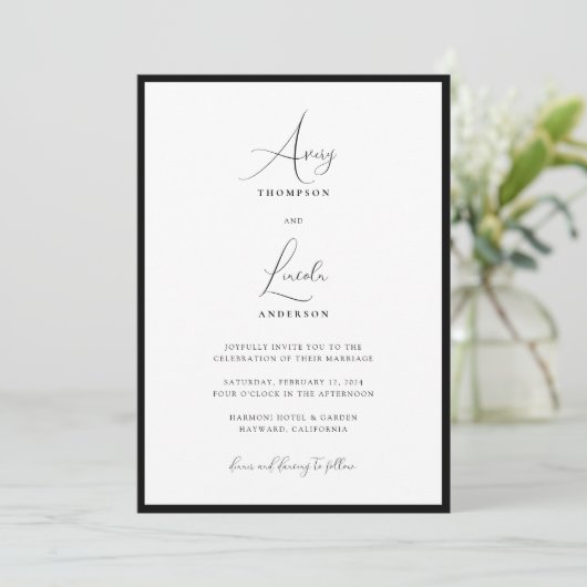 Simple Classy Black & White Border Wedding QR Code 招待状 (スタンド正面)