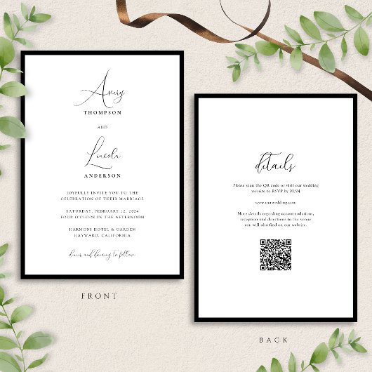 Simple Classy Black & White Border Wedding QR Code 招待状