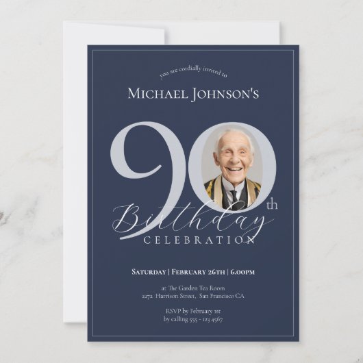 Simple Classy Navy Blue Silver Photo 90th Birthday 招待状 (正面)
