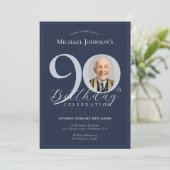 Simple Classy Navy Blue Silver Photo 90th Birthday 招待状 (スタンド正面)