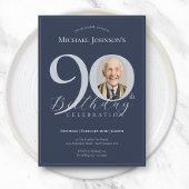 Simple Classy Navy Blue Silver Photo 90th Birthday 招待状