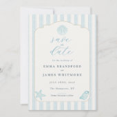 Simple Coastal Seashell Blue Wedding Save the Date 招待状 (正面)