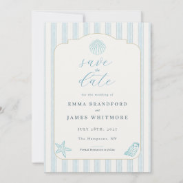 Simple Coastal Seashell Blue Wedding Save the Date 招待状
