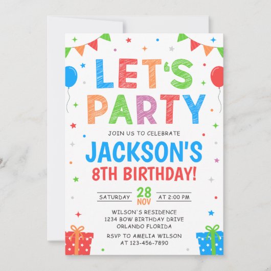 Simple Colorful Birthday Party Invitation 招待状 (正面)