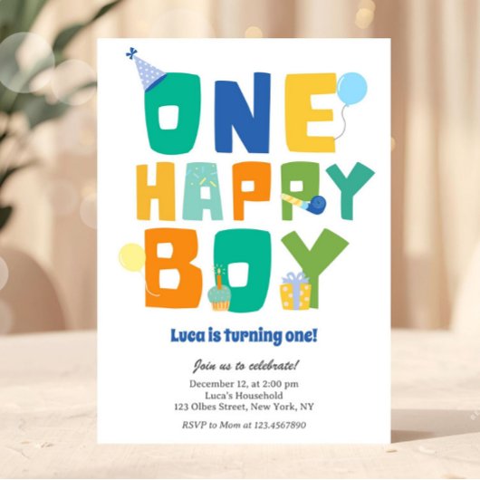Simple Colorful One Happy Boy 1st Birthday Party  招待状