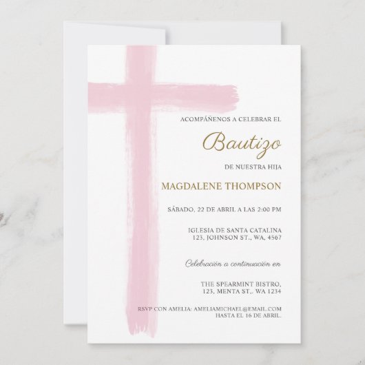 Simple Cross Girl Pink Baptism Bautizo 招待状 (正面)
