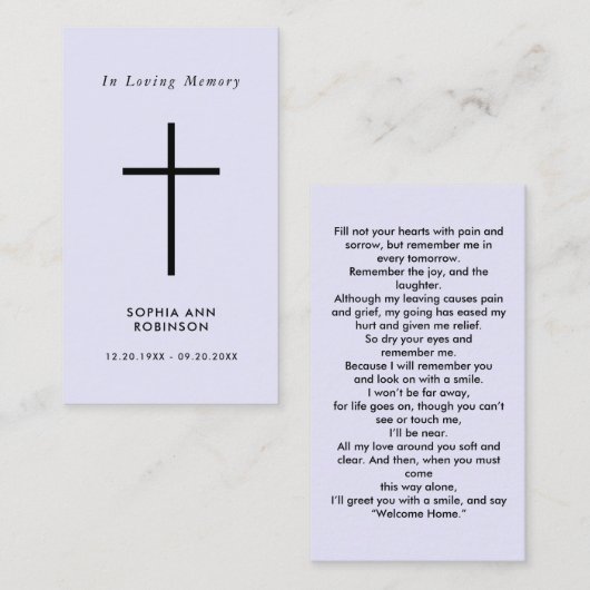 Simple Cross Purple Lavender Memorial Prayer Card 名刺 (正面/裏面)