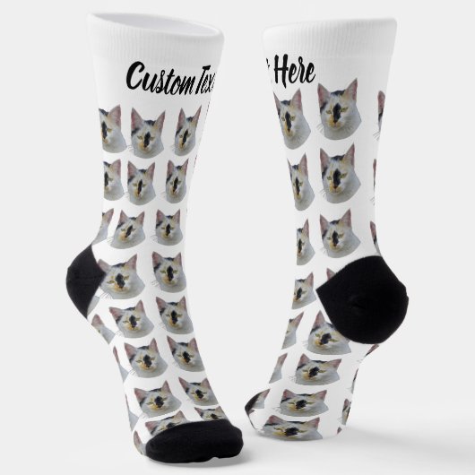 Simple Custom Cat Pet Photo Personalized Text Sock ソックス (傾斜あり)