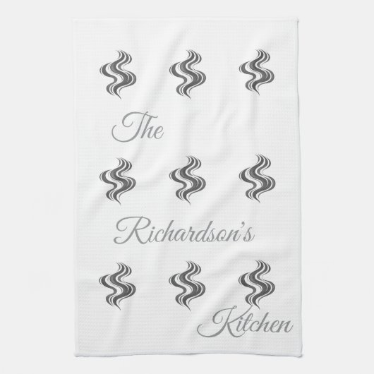 Simple Custom Family Name Black & White  キッチンタオル (縦)