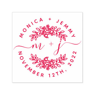 Simple Custom Leaves Initials Script Round Wedding セルフインキングスタンプ