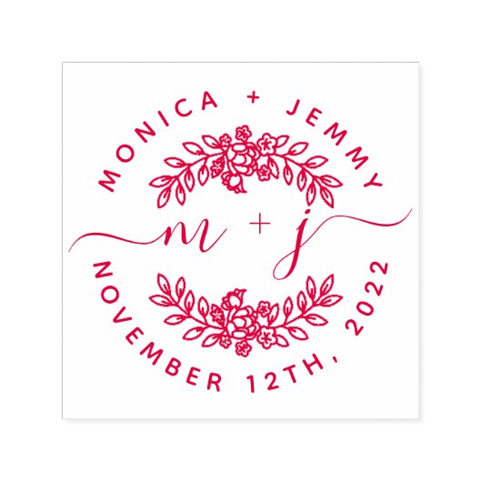 Simple Custom Leaves Initials Script Round Wedding セルフインキングスタンプ (デザイン)