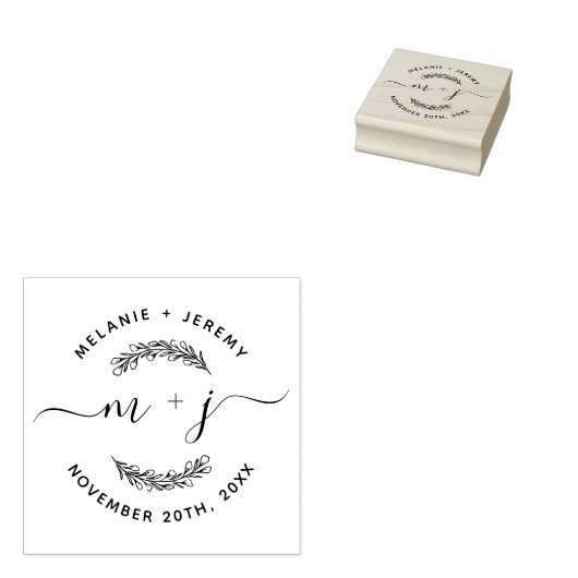 Simple Custom Leaves Initials Script Round Wedding ラバースタンプ (押印)