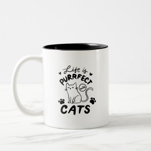 Simple Cute Adorable Life Is Purrpect With Cats ツートーンマグカップ (左)