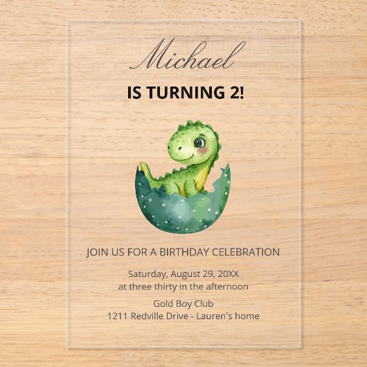 Simple Cute Green Dinosaur Birthday Party Invitati アクリル招待状 (正面)