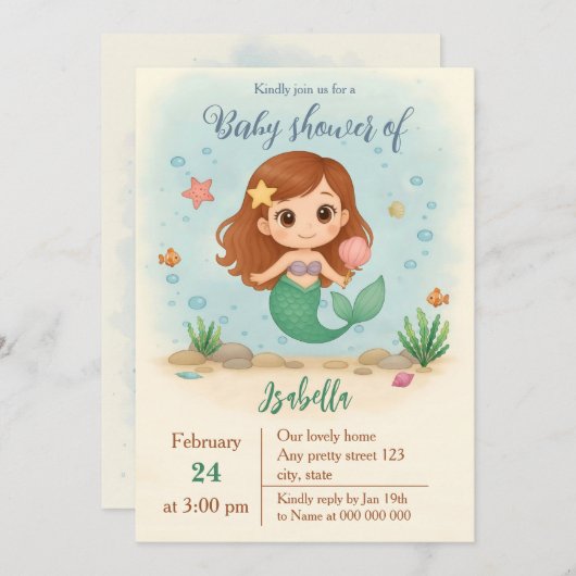 Simple cute little mermaid baby shower 招待状 (正面/裏面)