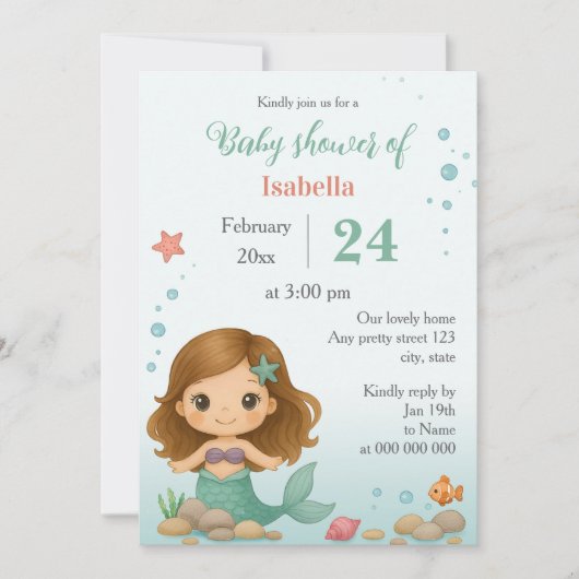 Simple cute little mermaid baby shower invitation 招待状 (正面)