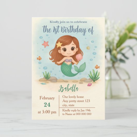 Simple cute little mermaid birthday 招待状 (スタンド正面)