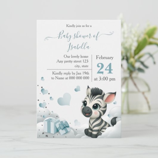 Simple cute little zebra baby shower invitation 招待状 (スタンド正面)