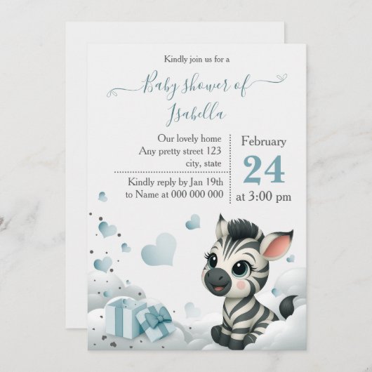 Simple cute little zebra baby shower invitation 招待状 (正面/裏面)