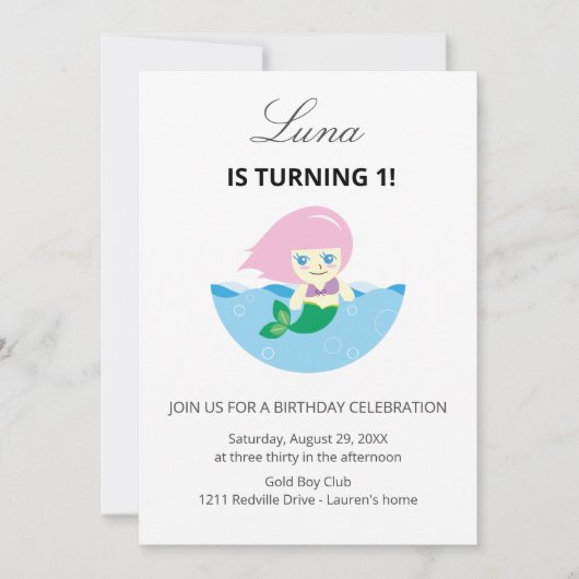 Simple Cute Mermaid Queen Birthday 招待状 (正面)