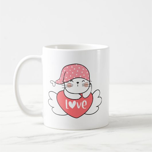 Simple Cute Sweet Charming Smiling White Cat Heart コーヒーマグカップ (左)