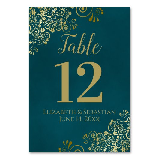 Simple Dark Teal and Gold Elegant Frilly Wedding テーブルナンバー (正面)