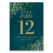 Simple Dark Teal and Gold Elegant Frilly Wedding テーブルナンバー (裏面)