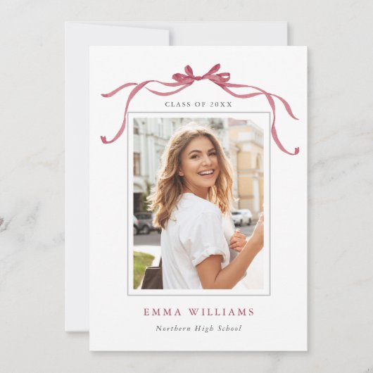 Simple Deep Blush Ribbon Bow Graduation 案内状 (正面)