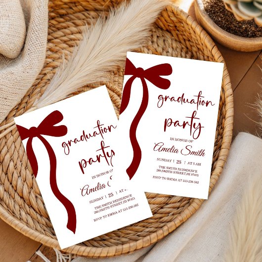 Simple Deep Red Bow graduation party invitation 招待状