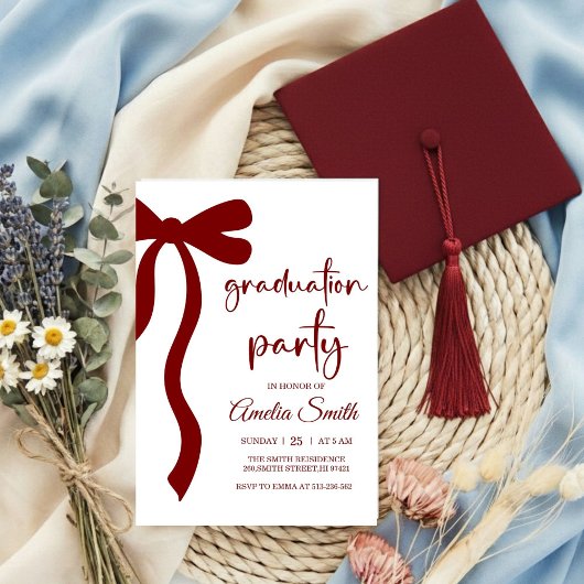 Simple Deep Red Bow graduation party invitation 招待状