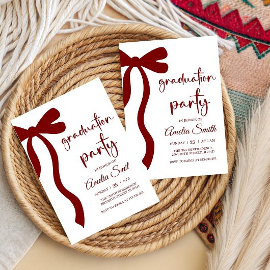 Simple Deep Red Bow graduation party invitation 招待状