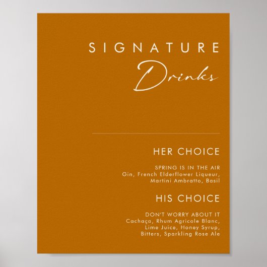 Simple Desert | Burnt Orange Signature Drinks Sign ポスター (正面)