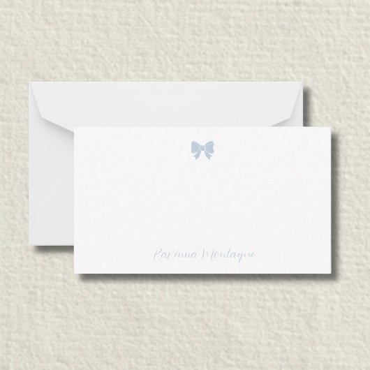Simple Dusty Blue Chic Bow Handwritten Name ノートカード