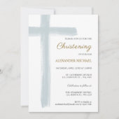 Simple Dusty Blue Cross Boy Christening Baptism 招待状 (正面)