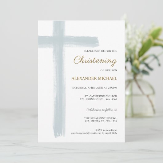 Simple Dusty Blue Cross Boy Christening Baptism 招待状 (スタンド正面)
