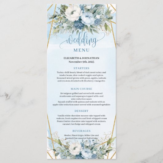 Simple Dusty Blue Floral Eucalyptus Wedding Menu メニュー (正面)