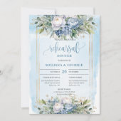 Simple Dusty Blue Floral Gold Frame Dinner Invite 招待状 (正面)