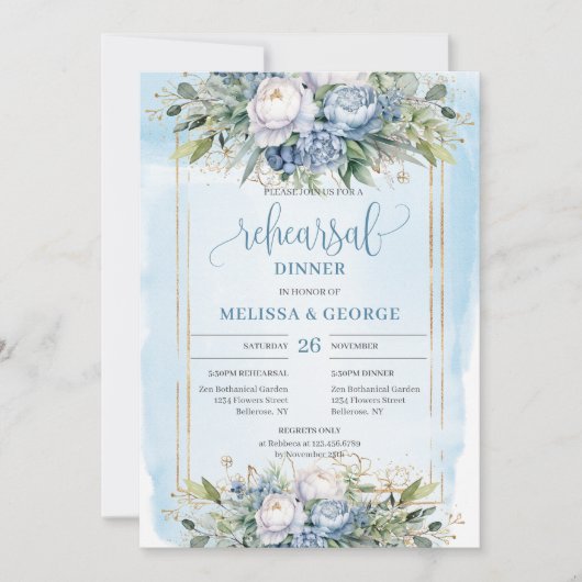 Simple Dusty Blue Floral Gold Frame Dinner Invite 招待状 (正面)