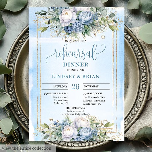Simple Dusty Blue Floral Gold Frame Dinner Invite 招待状