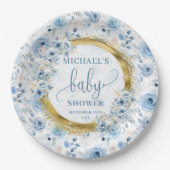 Simple dusty blue flowers gold boho watercolor  ペーパープレート (正面)