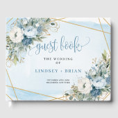 Simple Dusty Blue Flowers Gold Wedding Guest Book ゲストブック (正面)