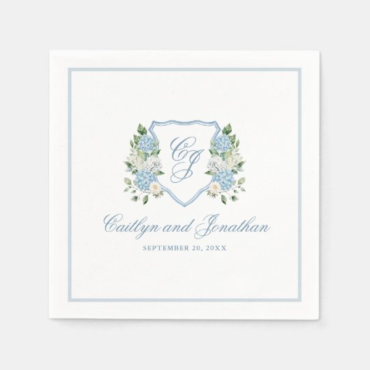 Simple Dusty Blue Monogram Crest Wedding スタンダードカクテルナプキン (正面)
