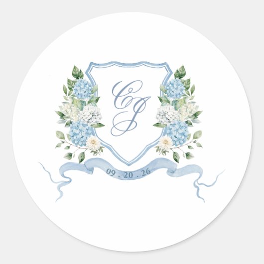 Simple Dusty Blue Monogram Crest Wedding ラウンドシール (正面)