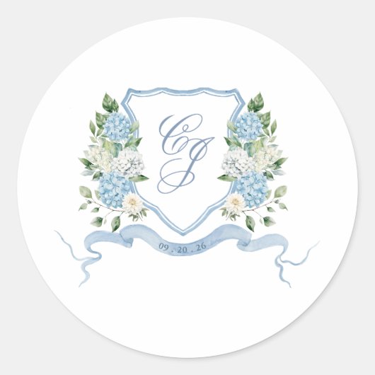 Simple Dusty Blue Monogram Crest Wedding ラウンドシール (正面)