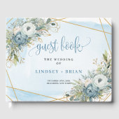 Simple Dusty Blue White Gold Flowers Guest Book ゲストブック (正面)