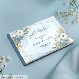 Simple Dusty Blue White Gold Flowers Guest Book ゲストブック