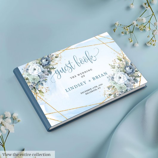 Simple Dusty Blue White Gold Flowers Guest Book ゲストブック