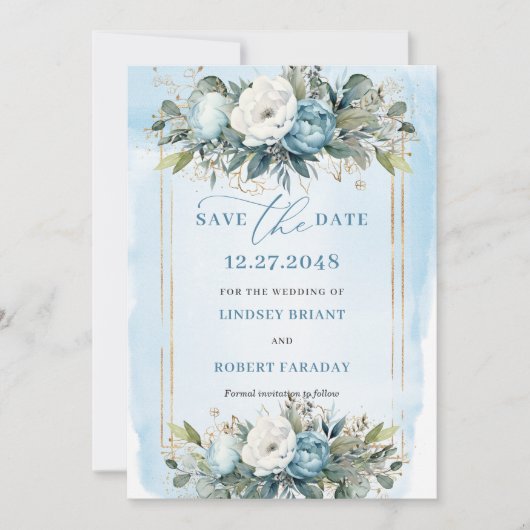 Simple Dusty Blue White Gold Peonies Save The Date 招待状 (正面)