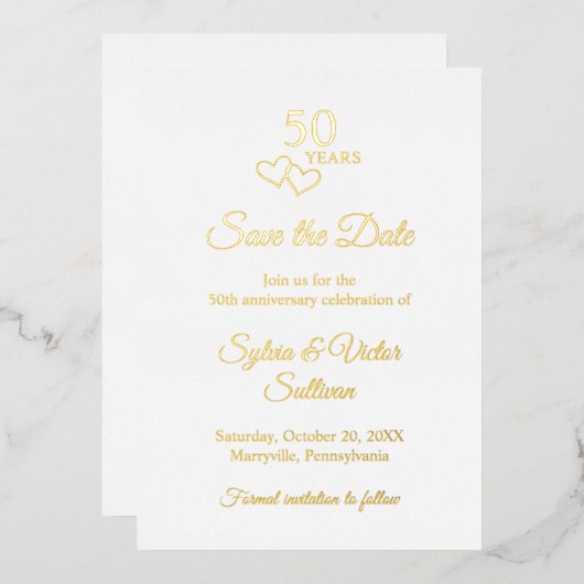 Simple Elegant 50th Wedding Anniversary Gold Heart 箔招待状 (正面/裏面)
